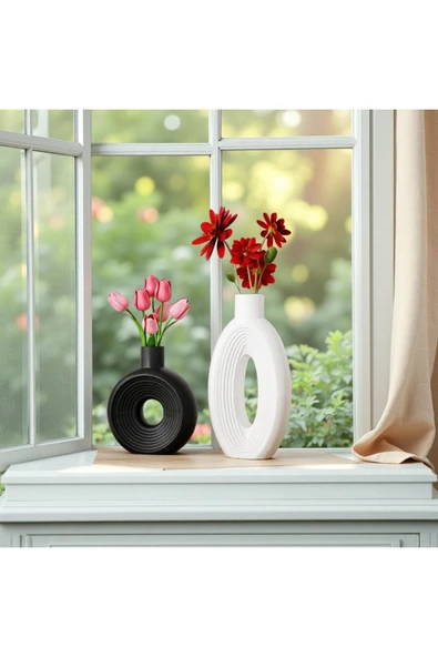 DEKOPOR Roa El Yapımı Taş Tozu Dekoratif Vazo Seti 2’li – Siyah-Beyaz / İskandinav Stil - 7