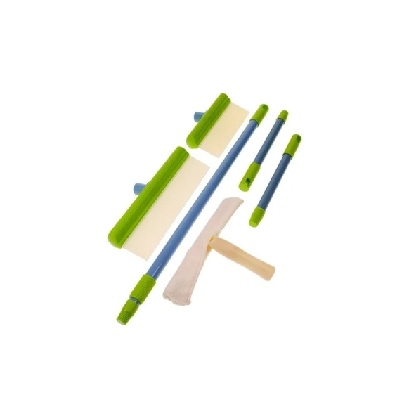 Cam Temizlik Kiti, Silikon Su Çekme Aparatı, Mikrofiber Bezli Başlık, Uzatma Sapı - Resim 2