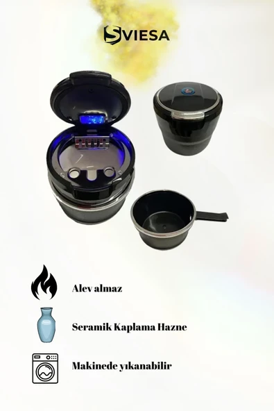 Araç İçi Mavi Işıklı Porselen Küllük Bardaklıklı Gümüş Renk Havalandırma Tip Kapaklı - 1