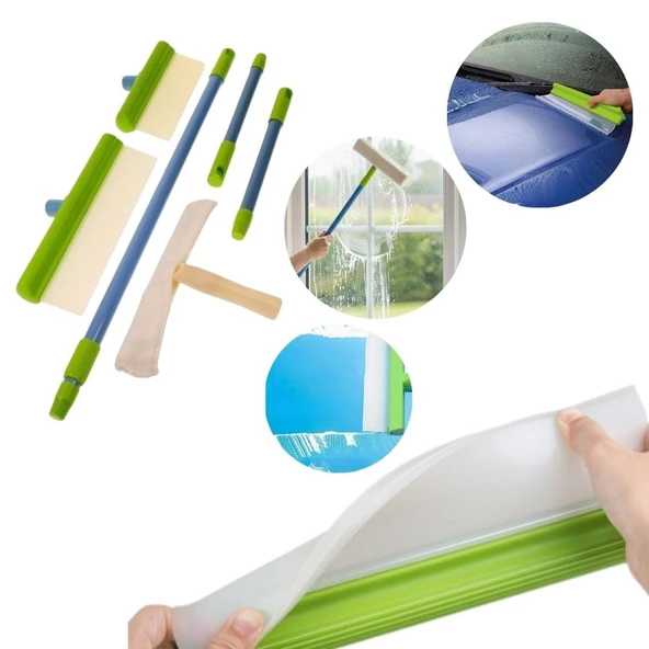 Cam Temizlik Kiti, Silikon Su Çekme Aparatı, Mikrofiber Bezli Başlık, Uzatma Sapı ürün görseli