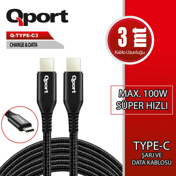 QPORT Q-TYPE-C3 3M TYPE-C 100W SUPER HIZLI PD SARJ VE DATA KABLOSU ürün görseli 1