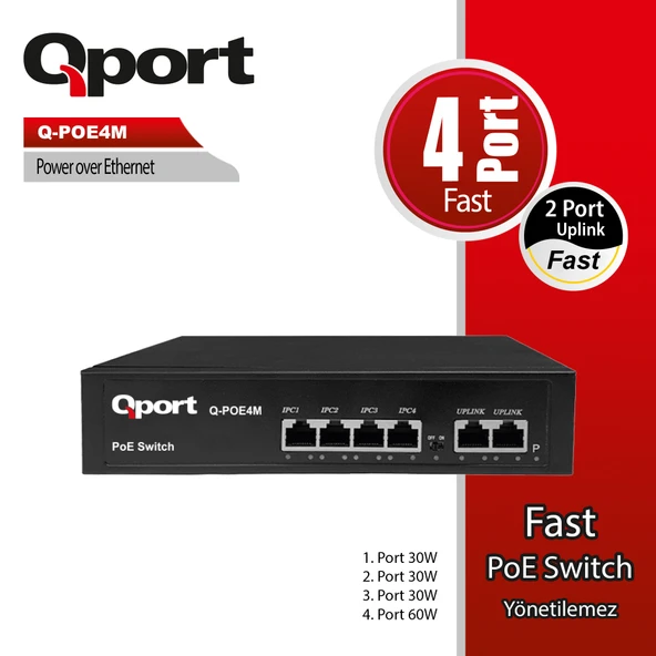 QPORT Q-POE4M 4 PORT 10/100 + 2 PORT 10/100 UPLINK POE SWITCH ürün görseli 1