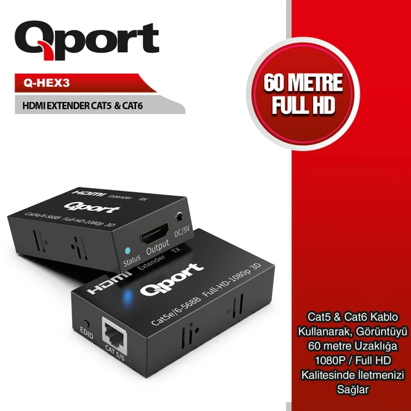 QPORT Q-HEX3 HDMI EXTENDER CAT6 60M 2 LI PAKET ürün görseli