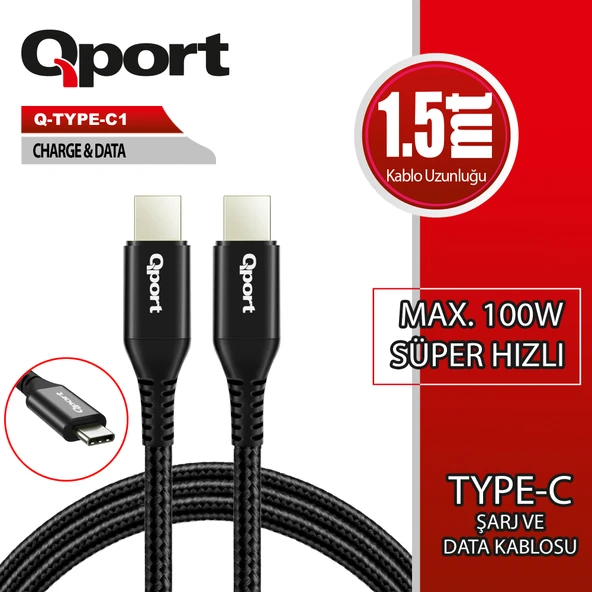 QPORT Q-TYPE-C1 1.5M TYPE-C 100W SUPER HIZLI PD SARJ VE DATA KABLOSU ürün görseli 1