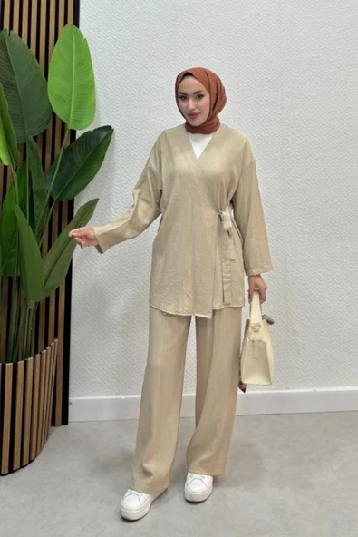 Kadın Çapraz Bağlamalı Keten Kimono Tesettür Pantolon Takım - 9