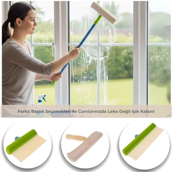 Cam Temizlik Kiti, Silikon Su Çekme Aparatı, Mikrofiber Bezli Başlık, Uzatma Sapı - Resim 3
