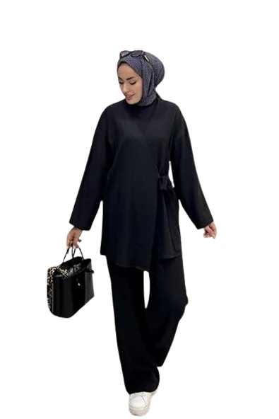 Kadın Çapraz Bağlamalı Keten Kimono Tesettür Pantolon Takım - 11