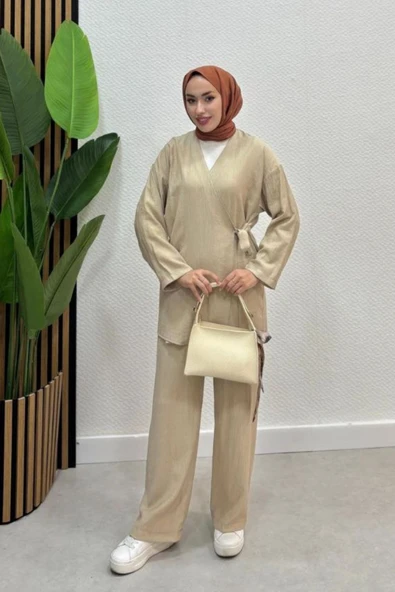 Kadın Çapraz Bağlamalı Keten Kimono Tesettür Pantolon Takım - 10