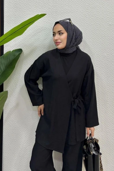 Kadın Çapraz Bağlamalı Keten Kimono Tesettür Pantolon Takım - 8