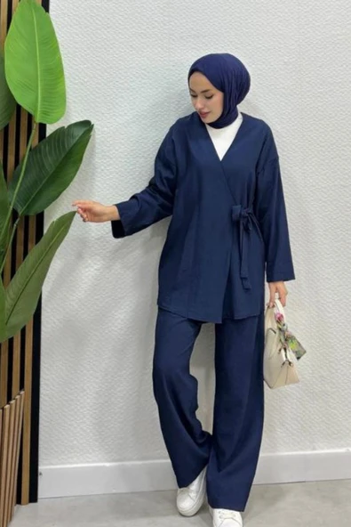 Kadın Çapraz Bağlamalı Keten Kimono Tesettür Pantolon Takım - 5