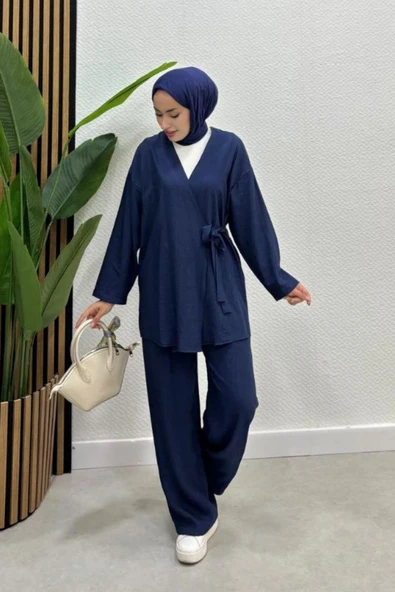 Kadın Çapraz Bağlamalı Keten Kimono Tesettür Pantolon Takım - 6