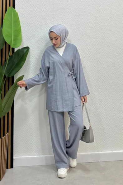 Kadın Çapraz Bağlamalı Keten Kimono Tesettür Pantolon Takım - 4