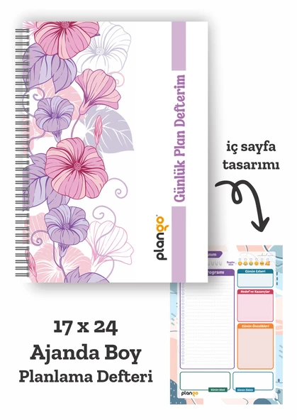 Mor Çiçekler Spiralli Günlük Planlama Defteri - 100 Sayfa - 17x24 Planlayıcı Defter ürün görseli 1