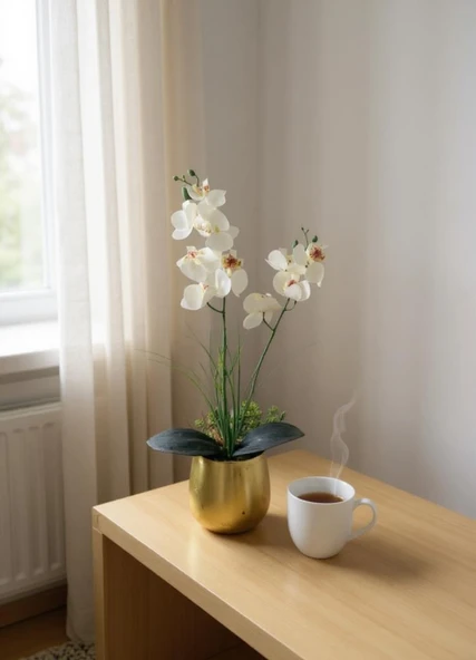 Yapay Çiçek Beyaz Islak Orkide Gold Metal Saksıda Saksıda Orkide 50cm - Resim 3