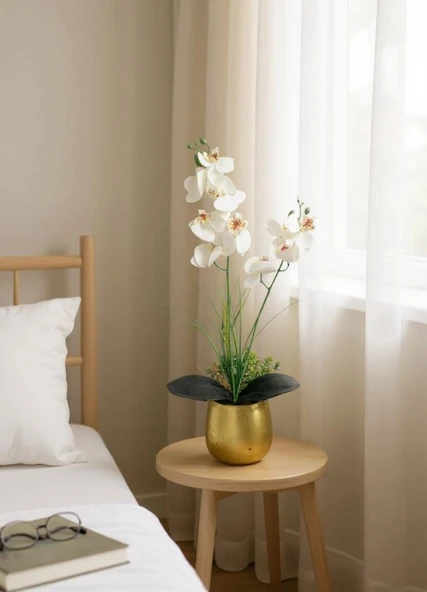 Yapay Çiçek Beyaz Islak Orkide Gold Metal Saksıda Saksıda Orkide 50cm - Resim 2
