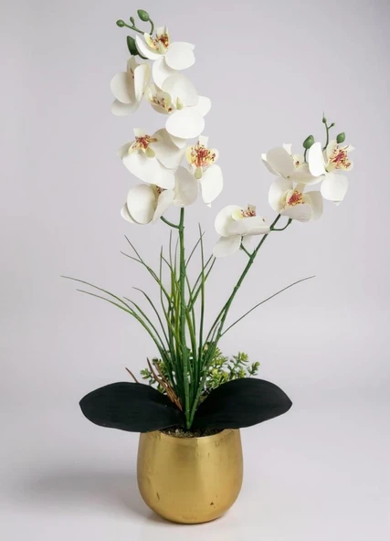 Yapay Çiçek Beyaz Islak Orkide Gold Metal Saksıda Saksıda Orkide 50cm ürün görseli 1