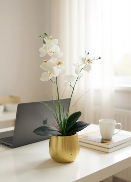 Yapay Çiçek Beyaz Islak Orkide Gold Metal Saksıda Saksıda Orkide 50cm - Resim 4