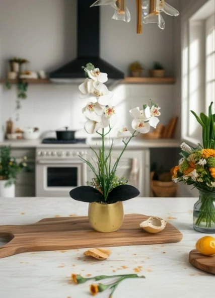 Yapay Çiçek Beyaz Islak Orkide Gold Metal Saksıda Saksıda Orkide 50cm - Resim 5