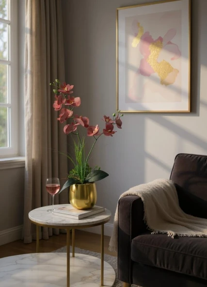 Yapay Çiçek Islak Orkide Gold Metal Saksıda Saksıda Orkide 50cm - Resim 8