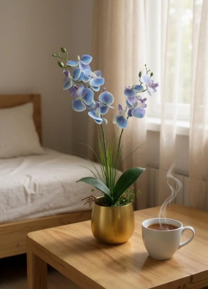 Yapay Çiçek Mavi Islak Orkide Gold Metal Saksıda Saksıda Orkide 50cm ürün görseli 1