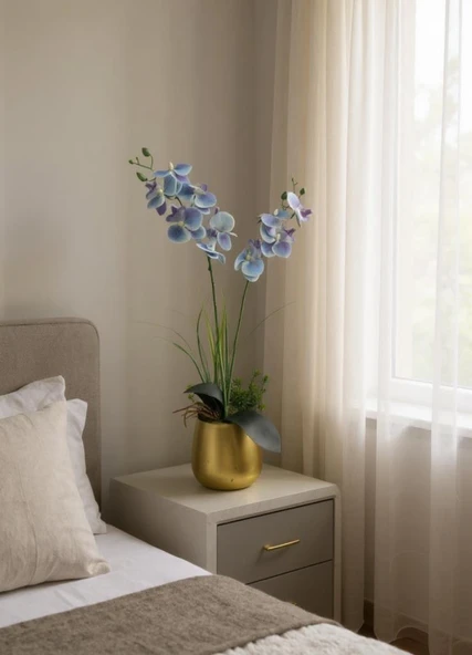 Yapay Çiçek Mavi Islak Orkide Gold Metal Saksıda Saksıda Orkide 50cm - Resim 5