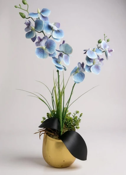 Yapay Çiçek Mavi Islak Orkide Gold Metal Saksıda Saksıda Orkide 50cm - Resim 8