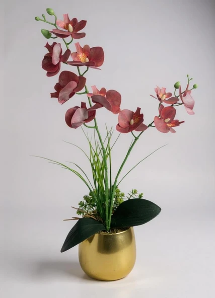 Yapay Çiçek Islak Orkide Gold Metal Saksıda Saksıda Orkide 50cm - Resim 2