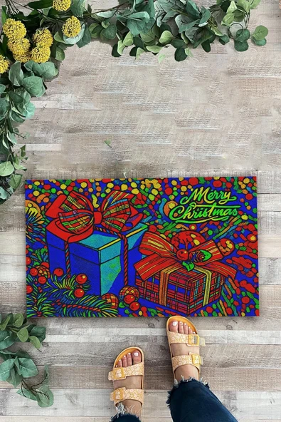 Valerine Life Merry Christmas Yılbaşı Hediye Kutulu Welcome Hoş Geldiniz Kapı Önü Paspası 45x70cm - Resim 2
