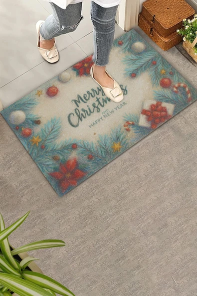 Valerine Life Tebeşir Çizimi Yılbaşı Noel Çam Ağaçlı Welcome Hoş Geldiniz Kapı Önü Paspası 45x70cm ürün görseli