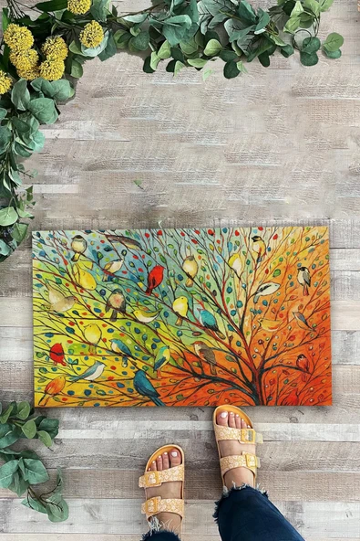 Valerine Life Renkli Kuşlar Hayat Ağacı Welcome Hoş Geldiniz Kapı Önü Paspası 45x70cm - Resim 2