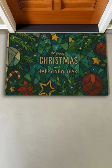 Valerine Life Picasso Tarzı Geometrik Yeşil Yılbaşı Welcome Hoş Geldiniz Kapı Önü Paspası 45x70cm - Resim 3
