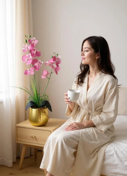 Yapay Çiçek Pembe Islak Orkide Gold Metal Saksıda Saksıda Orkide 50cm - Resim 4