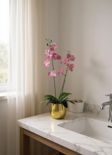 Yapay Çiçek Pembe Islak Orkide Gold Metal Saksıda Saksıda Orkide 50cm - Resim 3