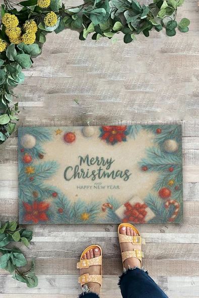 Valerine Life Tebeşir Çizimi Yılbaşı Noel Çam Ağaçlı Welcome Hoş Geldiniz Kapı Önü Paspası 45x70cm - Resim 2