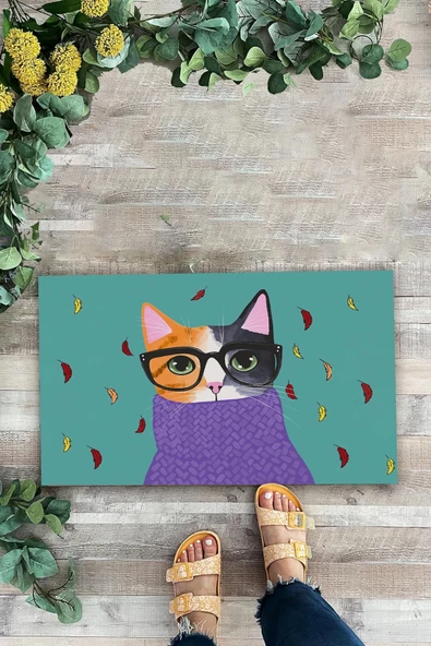 Valerine Life Aristokrat Kedi Yeşil Renkli Welcome Hoş Geldiniz Kapı Önü Paspası 45x70cm - Resim 2