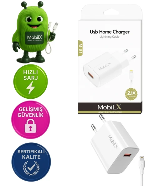 MobiLX M-01 iPhone 11–14 Pro Max Uyumlu 2.1A USB Şarj Adaptörü + Lightning Kablo - 1