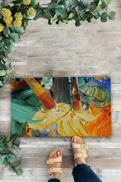 Valerine Life Renkli Yağlı Boya Tuvali Fırça Figürlü Welcome Hoş Geldiniz Kapı Önü Paspası 45x70cm ürün görseli