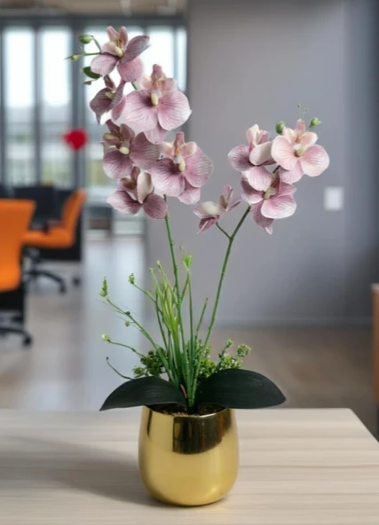 Yapay Çiçek Pudra Pembe Islak Orkide Gold Metal Saksıda Saksıda Orkide 50cm - Resim 8