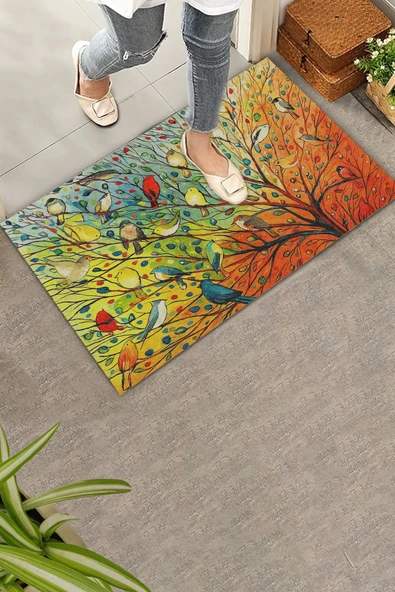Valerine Life Renkli Kuşlar Hayat Ağacı Welcome Hoş Geldiniz Kapı Önü Paspası 45x70cm ürün görseli