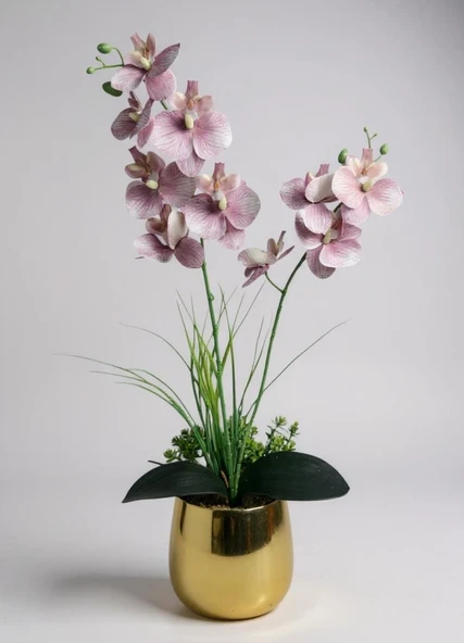 Yapay Çiçek Pudra Pembe Islak Orkide Gold Metal Saksıda Saksıda Orkide 50cm ürün görseli 1