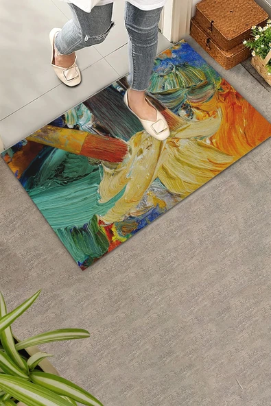 Valerine Life Renkli Yağlı Boya Tuvali Fırça Figürlü Welcome Hoş Geldiniz Kapı Önü Paspası 45x70cm - Resim 2
