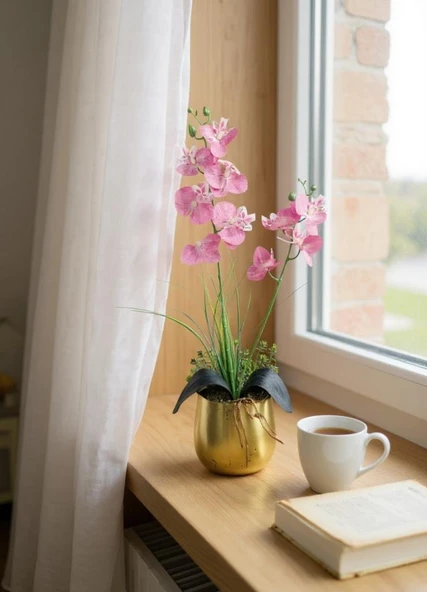 Yapay Çiçek Pembe Islak Orkide Gold Metal Saksıda Saksıda Orkide 50cm - Resim 5