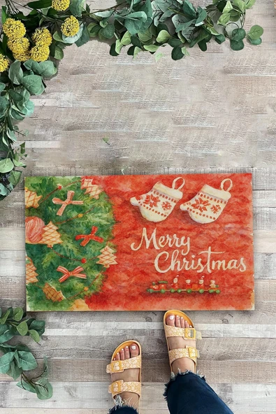 Valerine Life Yılbaşı Noel Çam Ağacı Eldivenli Kırmızı Welcome Hoş Geldiniz Kapı Önü Paspası 45x70cm - Resim 2