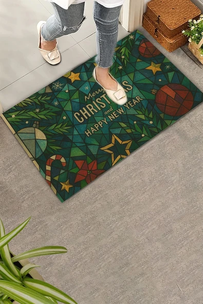 Valerine Life Picasso Tarzı Geometrik Yeşil Yılbaşı Welcome Hoş Geldiniz Kapı Önü Paspası 45x70cm ürün görseli