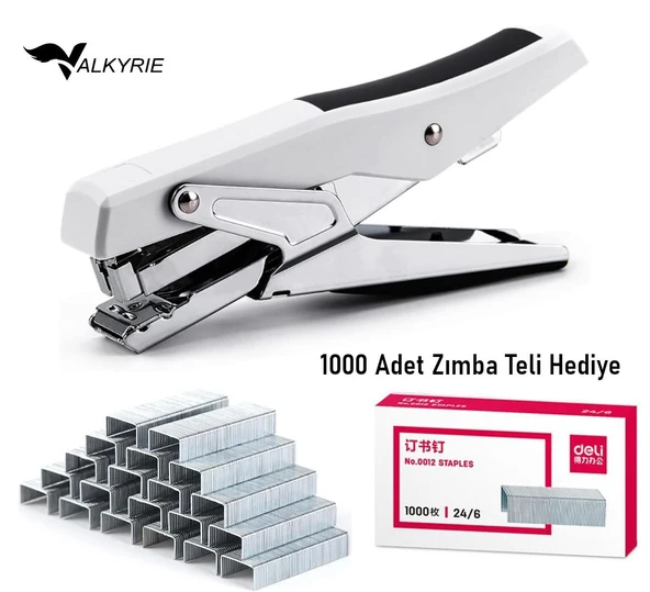 Valkyrie Profesyonel Metal Zımba Tabancası 60 Sayfa Kapasite 1000 Zımba Teli HEDİYE Ofis ve Ev Dayanıklı Beyaz