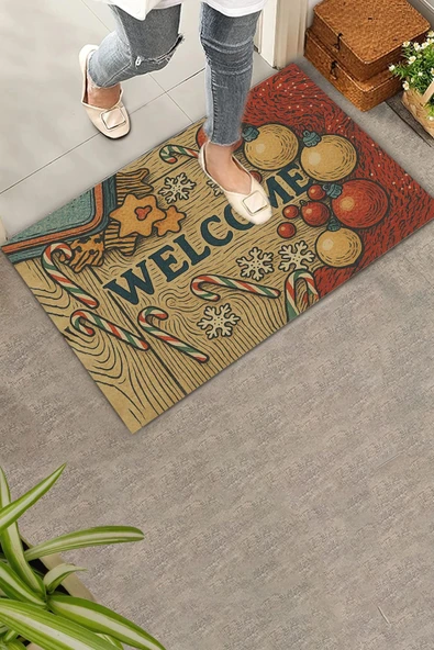 Valerine Life Yılbaşı Baston Şekerli Noel Temalı Welcome Hoş Geldiniz Kapı Önü Paspası 45x70cm ürün görseli