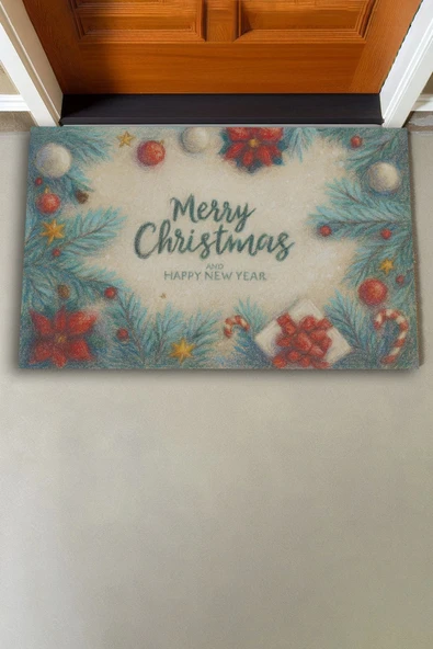 Valerine Life Tebeşir Çizimi Yılbaşı Noel Çam Ağaçlı Welcome Hoş Geldiniz Kapı Önü Paspası 45x70cm - Resim 3