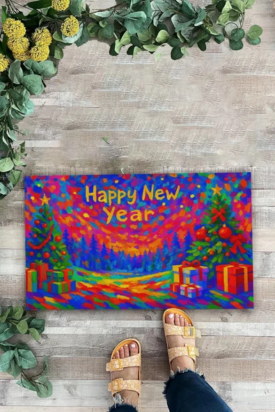 Valerine Life Happy New Year Mutlu Yıllar Welcome Hoş Geldiniz Kapı Önü Paspası 45x70cm - Resim 2