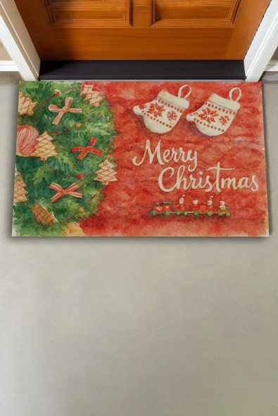 Valerine Life Yılbaşı Noel Çam Ağacı Eldivenli Kırmızı Welcome Hoş Geldiniz Kapı Önü Paspası 45x70cm - Resim 3