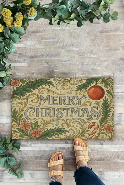 Valerine Life Çiçek Süslemeli Krem Merry Christmas Welcome Hoş Geldiniz Kapı Önü Paspası 45x70cm - Resim 2